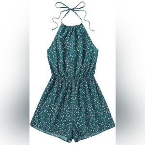 Shein halter romper shorts jumpsuit green jade teal ditsy floral size S.